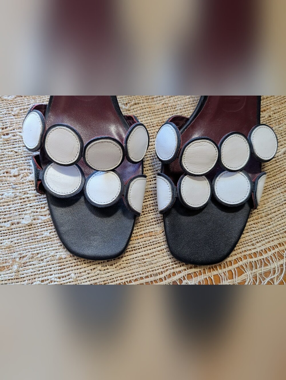 STAUD Kitten Heel Slide Sandals Black White Leather Circle Applique Mules - Picture 3 of 7